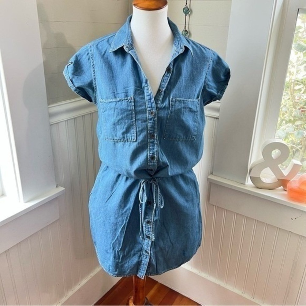 PAIGE Flyer Denim Short Sleeve Drawstring Waist Mini Shirtdress Size M - Picture 3 of 15
